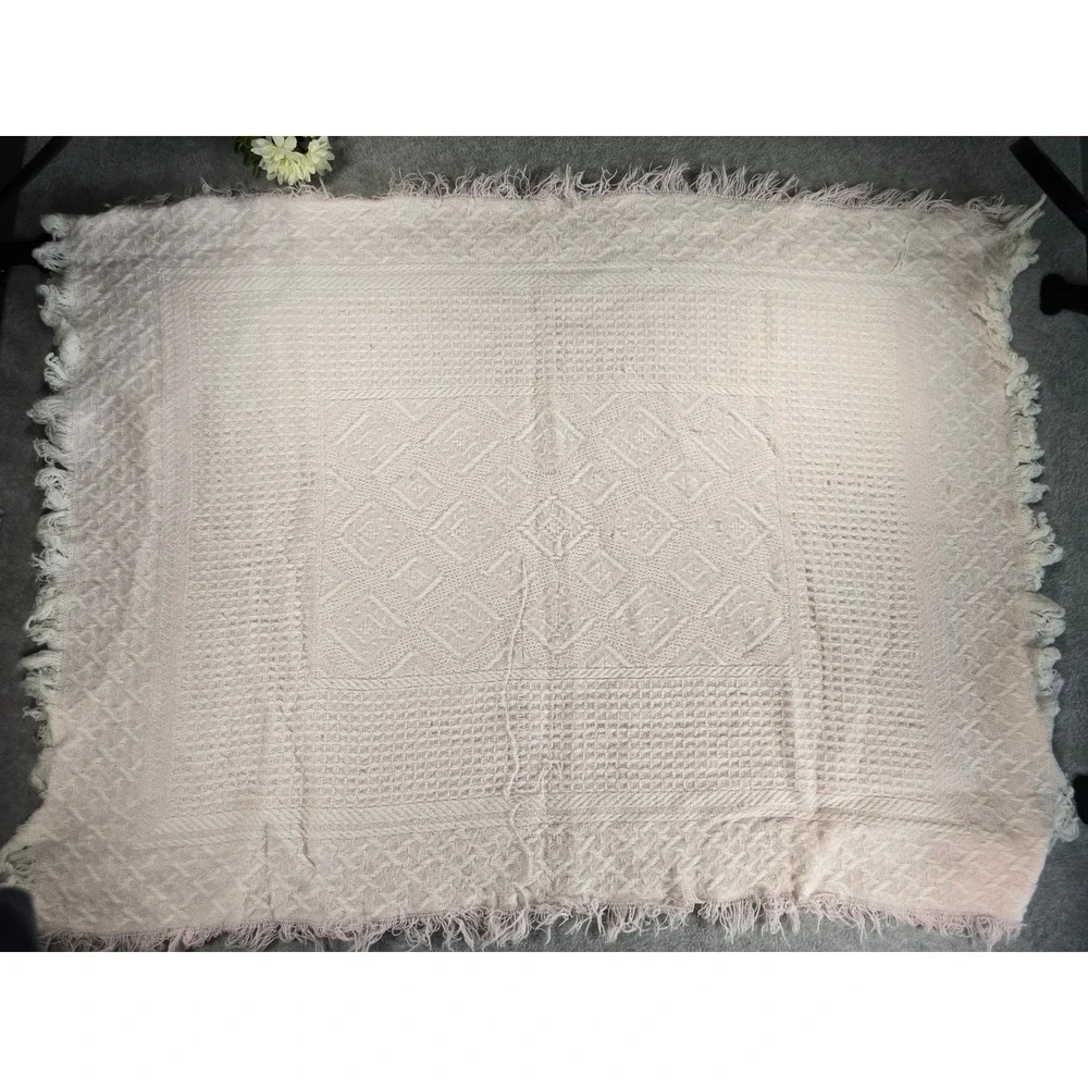Vintage Woven Geometric Fringe Throw Baby Blanket Soft Pink Boho Textured 42x32